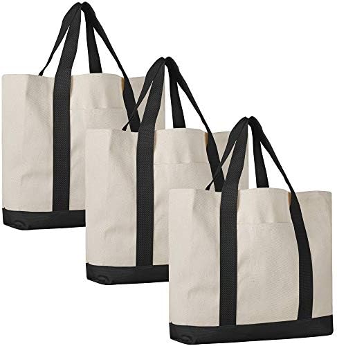 Pack of 3 - Heavy Duty Cotton Canvas Twill Travel Tote Bags Large Thick Reusable Blank Tote Bags - Shopping Grocery Bags Eco Friendly Canvas Bags in Bulk (Black)