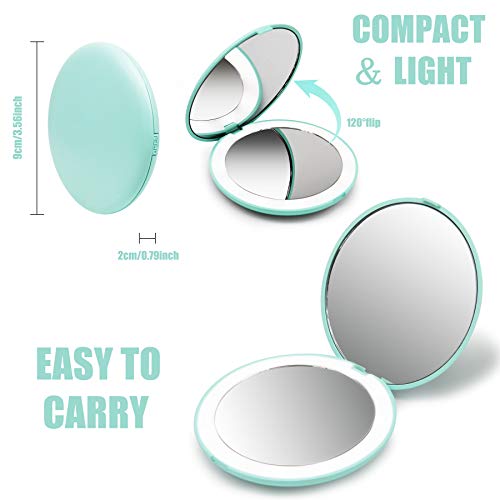 LED Lighted Travel Makeup Mirror 10X Magnification Dual Sided Vanity Mirror with Lights Portable, Pocket, Lighted, Makeup Mirror | Perfect for Purse, Handbag & Travel Beauty Needs |（Blue）
