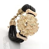 S.S(SportSpirit)Men's Black gold Adjustable Leather Bracelet Silver Lionhead Charm