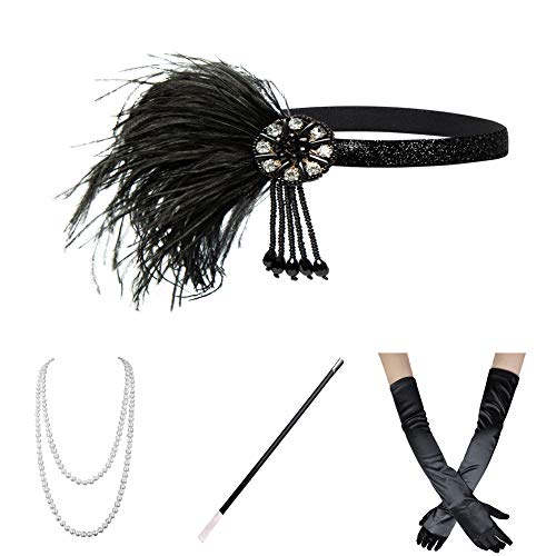 Xuhan 1920s Flapper Costume Accessories Set for Women Headband Necklace Gloves Cigarette Holder (Set-41)