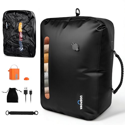 UOEPOWA Vacuum Bags for Travel with Wireless Pump, 180° Open Zipper, IPX8 Waterproof Durable, See-Through Window, 33L Recycled Space Saver Compression Bags for Backpack, Suitcase, Home Storage, 1-Pack