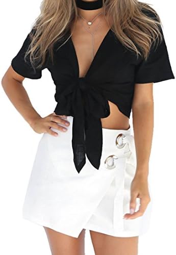 Womens Deep V Neck Sexy Bow Tie Tshirt Cropped Midriff Tops M Black