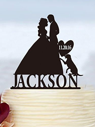 Wedding Cake Toppers Bride and Groom Silhouette with Dog,Personalized Name and Date Wedding Topper 15cm