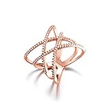 SHINCO Double Cross CZ Paved 18k Rose Gold Plated Fashion Party Cocktail Rings Wide Band for Women Girls, Birthday, Anniversay, Valentine Day,Women's Day