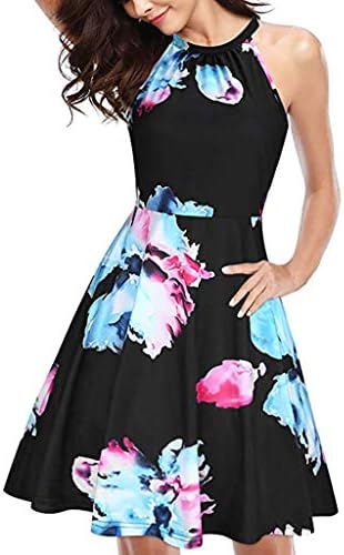 Vamoro Women's Print Sleeveless O-Neck Casual Zipper Mini Dress Summer Dress Casual Summer Dress Sundresses Bohemian Floral Print Dresses