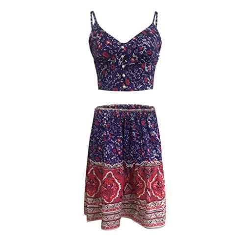 Women's Printed Sling & Skirt Set 2 Piece Outfit Printed Boho Beach Casual Dress Blue - Thumbnail 4