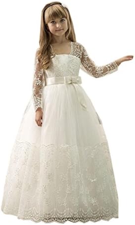 Datangep Girl's Lace Appliques Ball Gown Long Sleeve Princess Flower Girl Dress Age10