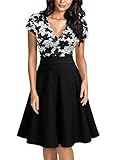 Miusol Women's Deep V-Neck Elegant Floral Lace Contrast Cocktail Party Dress (Medium, White&Black)
