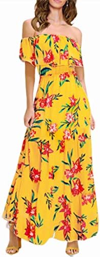 MIDOSOO Womens Side Slit Off Shoulder Ruffled Long Printed Foral Maxi Dress with Pockets