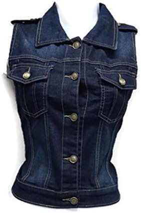 NOFUZE Sleeveless Stretch Denim Cardigan Vest Tops with Epaulet Shoulder Size Medium