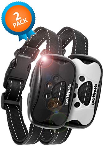 SparklyPets Humane Dog Bark Collar 2 Pack | Anti Barking Training Collar | Vibrating, No Shock Stop Barking for Small Medium Large Dogs | Upgraded 2019 Pet Corrector (White and Black 2 Pack)