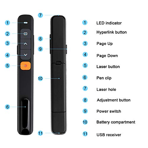 KTPYRP Wireless Presenter, Hyperlink Presentation Clicker Remote Control Pointer with Clip and USB Receiver for Presentation Teaching and Meeting (Black)
