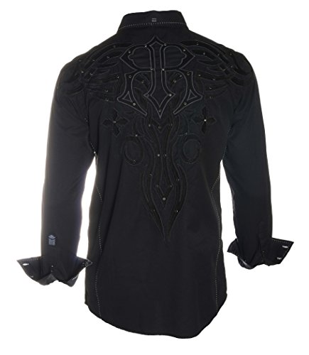 Men's Roar Fidelity Western Tribal Wings Long Sleeve Button Down Shirt Black with Stones (Large)