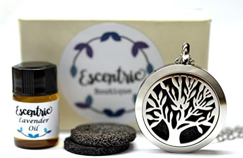Tree of Life Lava Stone Stainless Steel Essential Oil Neckace / 18" chain with 2" extender - Aromatherapy Gift (Geranium)