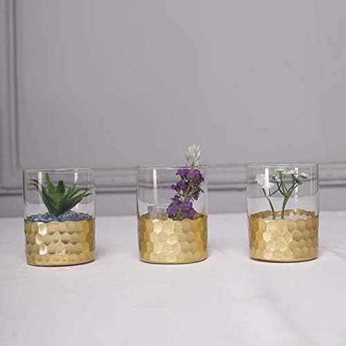Tableclothsfactory 3 Pack 4" Glass Cylinder Vases with Gold Honeycomb Base Glass Candle Holders