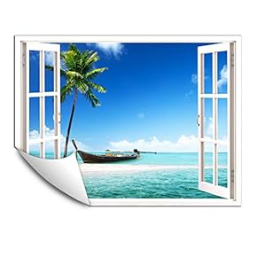 Wall Murals for Bedroom Fake Window Beach White Window Removable Wallpaper Peel and Stick Wall Stickers - 24x32 inches