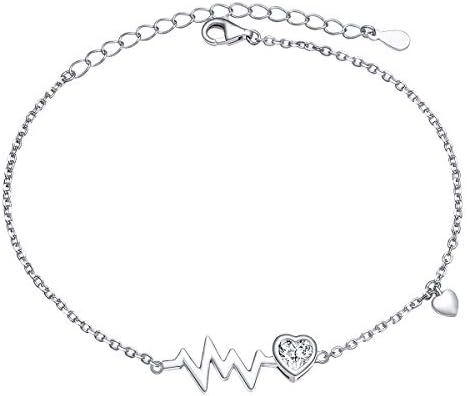 925 Sterling Silver Ekg Cute Life Line Heartbeat Love Cardiogram Heart Bracelet Anklet Gift for Women Girls Teens Nurse Doctor