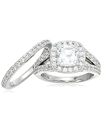 arete de plata de ley Circonita de Swarovski cojín anillo de Halo Set