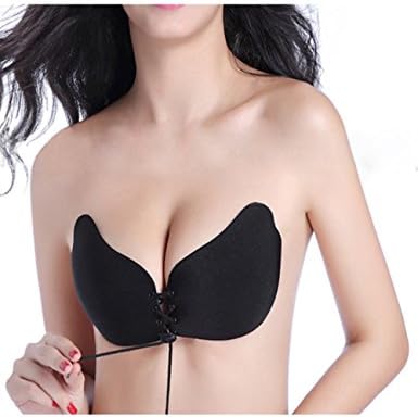 Amofer Strapless Bra - Invisible Backless Self Adhesive Angel Wings Bra With Adjustable Drawstring (B, Black)