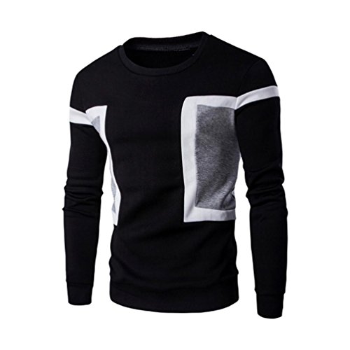 Qisc Mens Teens Crewneck Long-Sleeve T-Shirt Classic Cotton Patchwork Color Striped Top Tee (Black B, M)