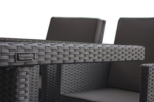 Ragnarök-Möbeldesign PolyRattan - DEUTSCHE Marke - EIGNENE Produktion - 8 Jahre GARANTIE auf UV-Beständigkeit Gartenmöbel Essgruppe Tisch + 4 Stühle & 4 Hocker 12 Polster Platinum Grau – Bild 5