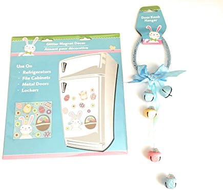 Egg-Shaped Pastel Easter Door Hanger with Bells SET, 12 in. BLUE with Glitter Easter Magnet Door Decoration