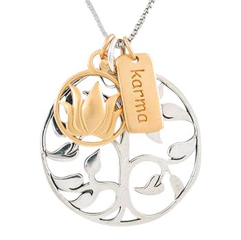 Tree of Life, Lotus, & Karma Charm Necklace in Sterling Silver, 24k Gold Plated Sterling Silver, & 24k Gold Plated Bronze on a 20" Rhodium Plated Sterling Silver Box Chain, #8460