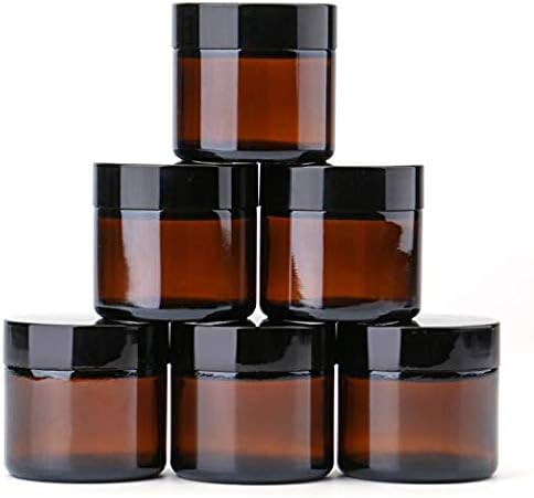 2 oz Round Glass Jars (6 Pack) - Empty Cosmetic Containers with Inner Liners, black Lids and Glass Sample Jars with lables (Amber) by THETIS Homes