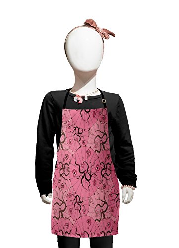 Lunarable Japanese Kids Apron, Sakura Tree Branches Featured Traditional Japanese Art Oil-Paper Umbrella Print, Boys Girls Apron Bib with Adjustable Ties for Cooking Baking and Painting, Pink Brown