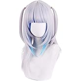 Shqncoh Anime Shark Girl Wig Silver Mixed Blue Medium Cute Twin Ponytail Curly Party Hair Cosplay Props Halloween