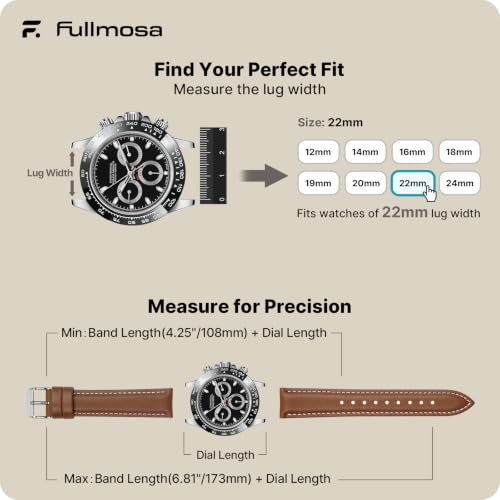 Fullmosa Watch Strap, Vintage Leather Strap Replacement for Smartwatch and Universal Watch with Stainless Steel Clasp for Men and Women, Brown+Silver Buckle, 22MM