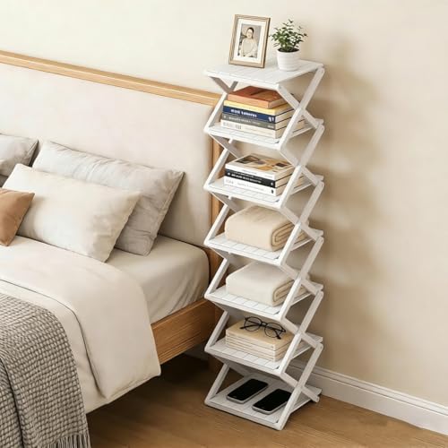 Zapatero de bambú - No requiere montaje, organizador de zapatos plegable, estantería multifuncional para recibidores, rincones y dormitorios, 7 estantes, color blanco (reforzado y de mayor grosor)