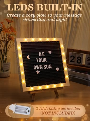 Changeable Felt Letter Board with LED Lights - 10×10" Message Custom Signs & Wood Stand& 450 Letters, Poster Board for Baby/Pregnancy Announcement/Classroom Wall Decor Gifts First Day of School, Black