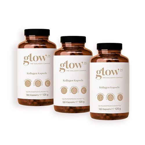 Glow25® Kollagen Kapseln hochdosiert [180 Kapseln x 3] mit Hyaluronsäure und Vitamin C | Premium Collagen Complex für eine schöne Haut | Ohne Zusatzst
