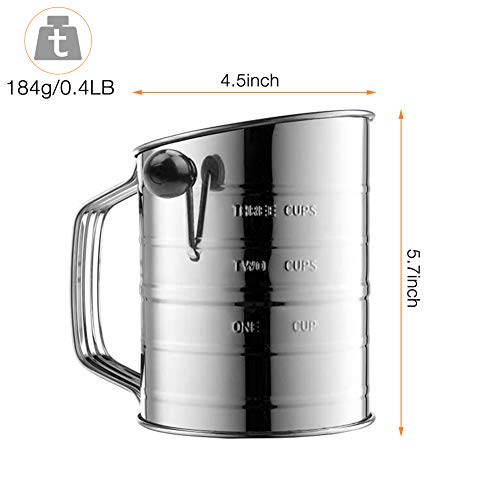 Flour Sifter 3 Cup Stainless Steel Rotary Hand Crank Sifter with 16