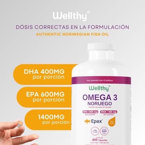 Wellthy Omega 3 Epax® 400 Cápsulas Ácidos Grasos 2000mg. Aceite de Pescado Noruego Ultraconcentrado. 30% EPA y 20% DHA La más alta concentración, Alta Pureza, Softgel