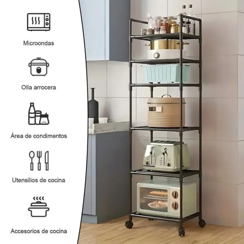 Estante de metal de 6 niveles con ruedas, fácil de montar, puede almacenar microondas, utensilios de cocina, aperitivos, adecuado para el cuarto de baño, oficina y cocina estante de almacenamiento