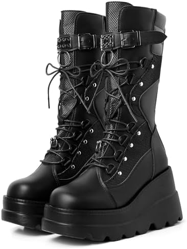 Mikarka Womens Holographic Platform Mid Calf Combat Boots Lace Up