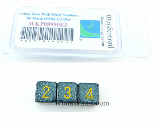 Urban Elemental Dice with White Numbers D6 16mm (5/8in) Pack of 3 Wondertrail WKP08990E3