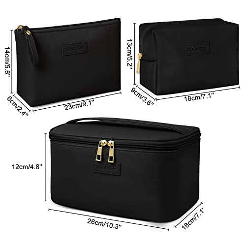 MAANGE Makeup Bag - Large Cosmetic Bag with 2pcs Small Makeup Bags Portable Leather Travel Makeup Bag Set Toiletry Bag Make Up Bags for Women and Girls, Black, 10.3''*7.1''*4.8'', Makeup Bag Set