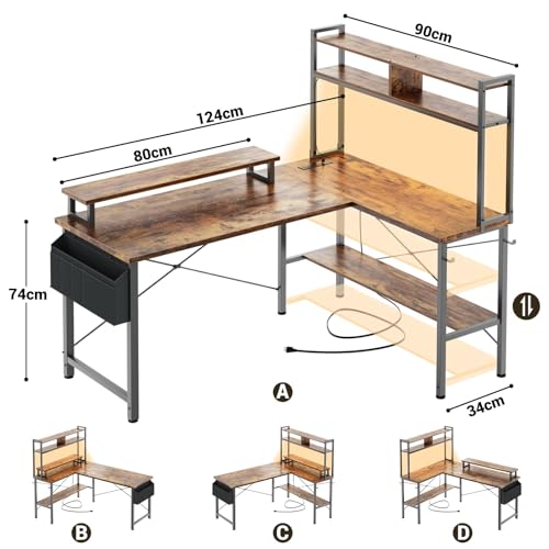 iSunirm L Shaped Gaming Desk with Power Outlets & LED Lights, Small L- Shaped Computer Corner Desk with Monitor Stand & Storage Shelf, Gaming Table with Storage Bag, Brown