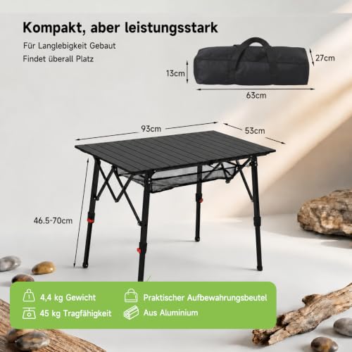 HAUSPROFI Camping Table Foldable Aluminium Height Adjustable 93 x 53 cm Folding Table with Roll-Up Table Top Carry Bag & Mesh Bag for Camping Picnic Garden Balcony Outdoor Black Model 2026