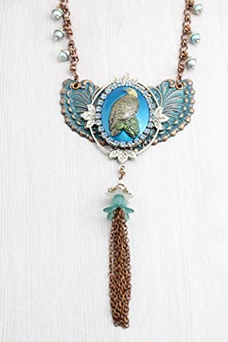 Blue Painted Patriotic Eagle Cameo Statement Necklace with Copper Tassel