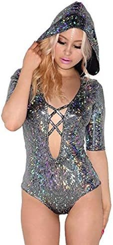 Women Rave Crop Top & Booty Shorts Bottoms Sexy Swimsuit Metallic Hologram Outfit