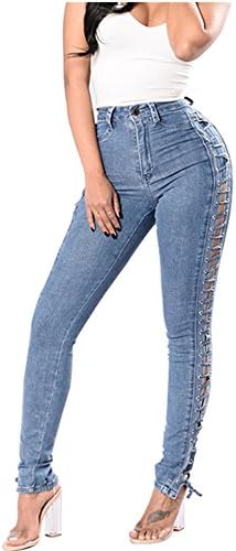 KAITUOZHE Women High Waisted Skinny Blue Casual Sexy Washed Bleached Full-Length Side Lace Up Vintage Jeans Plus Size