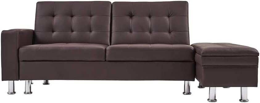 Sanmey Modern Faux Leather Folding Sofa Bed Recliner with Storage Ottoman and Cup Holder 3 Seater Sofa Living Room Brown