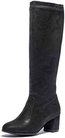 DOTACOKO Womens Round Toe Wide Calf Knee High Riding Boots Chunky Heels Faux Suede Boots