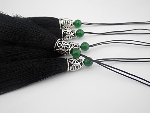 10pcs 3.6''(9.0cm) Soft Silk Tassels for Jewelry with Hollowed Antique Silver Cap and Jade Beads (Black)