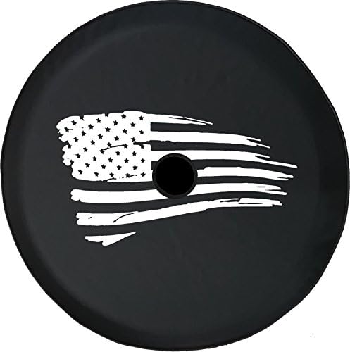 JL Series Spare Tire Cover with Backup Camera Hole Waving American Distressed Flag Military Black 35 in