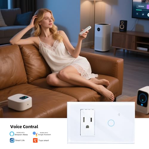 Apagador inteligente tipo 118 con panel de control táctil. Con enchufe estándar americano de tres orificios, con el control por voz de Amazon Alexa y Google Home (un interruptor)